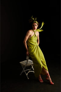 Kireç rengi Palermo boyundan askılı anvelop detaylı elbise